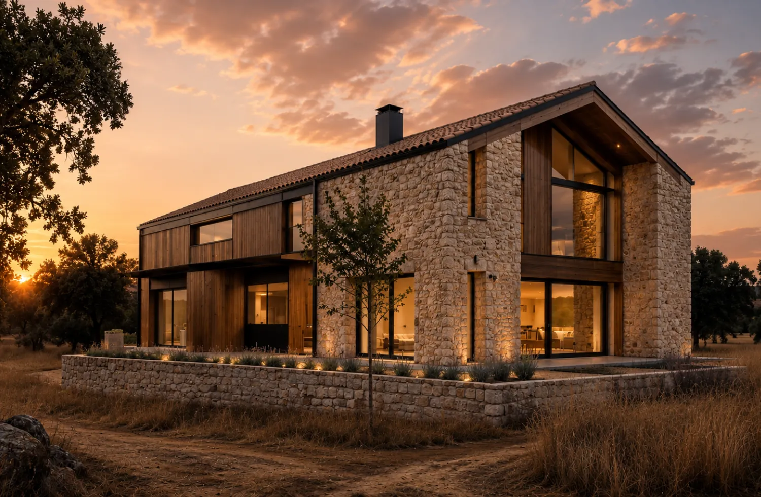 Vivienda de nueva planta en Burgos con fachada de piedra y madera — Arqtico Norte
