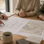 Arquitecto explicando planos a clientes en reunión de asesoramiento en Burgos