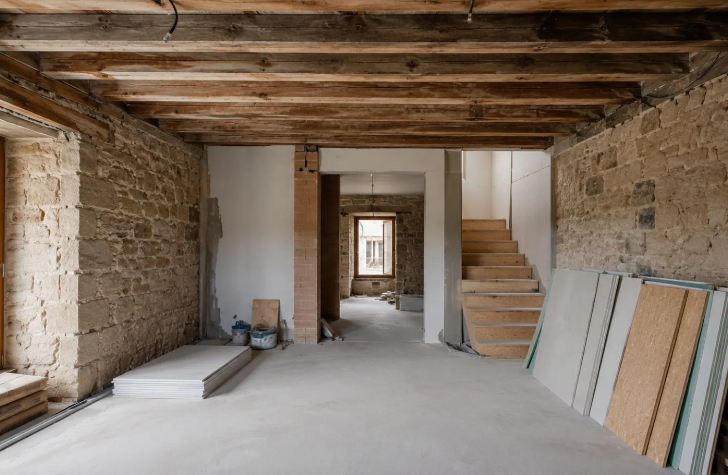 Interior de vivienda en proceso de reforma integral en Burgos con tabiques derribados y estructura vista