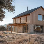 Vivienda unifamiliar de entramado ligero en Burgos con fachada de madera y cubierta a dos aguas